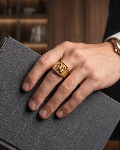 Sovereign Lion Stippled Cushion Signet Ring