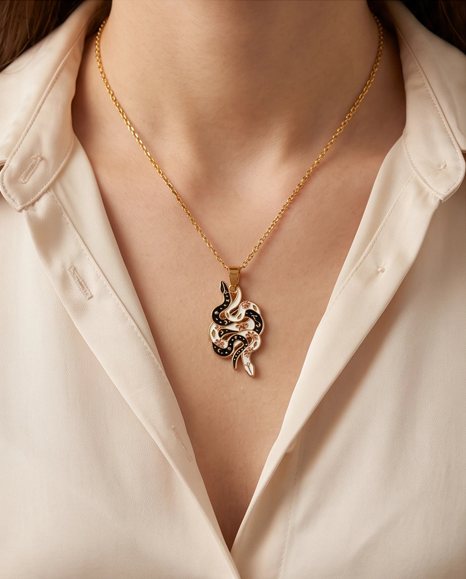 Gold Floral Serpent Enamel Pendant Necklace
