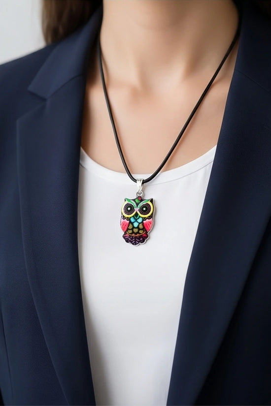 Artistic Multi-Color Mosaic Owl Totem Pendant Necklace