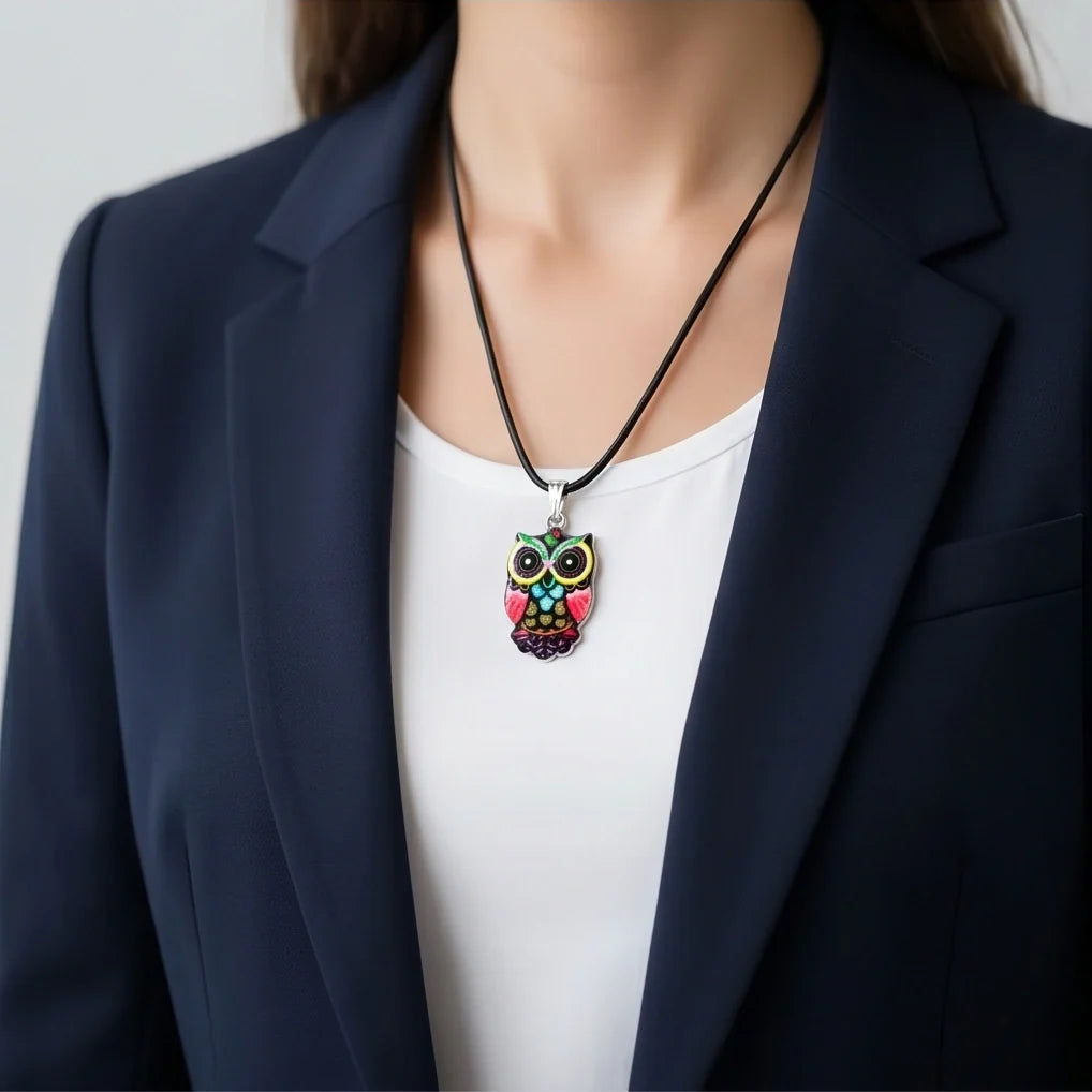 Artistic Multi-Color Mosaic Owl Totem Pendant Necklace
