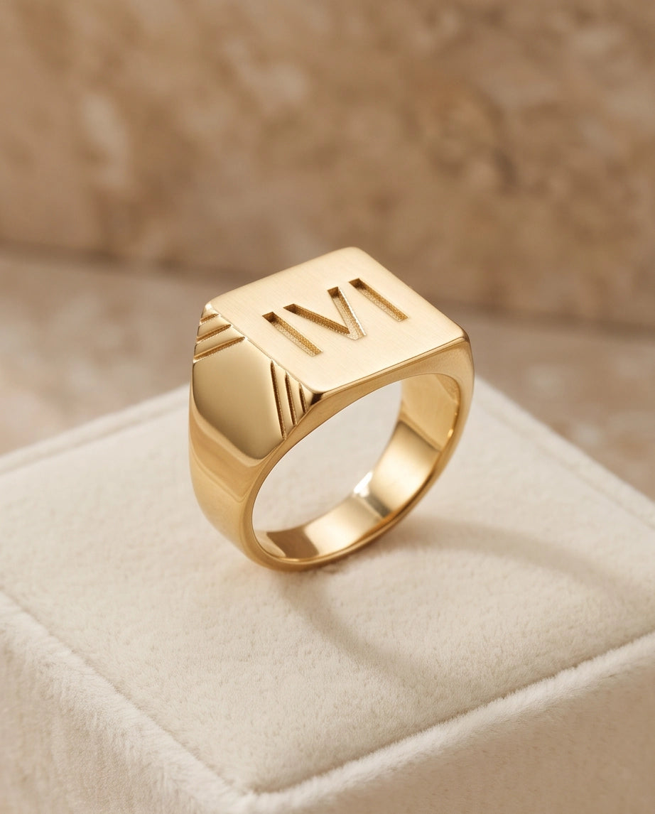 Roman Numeral Engraved Gold Signet Ring