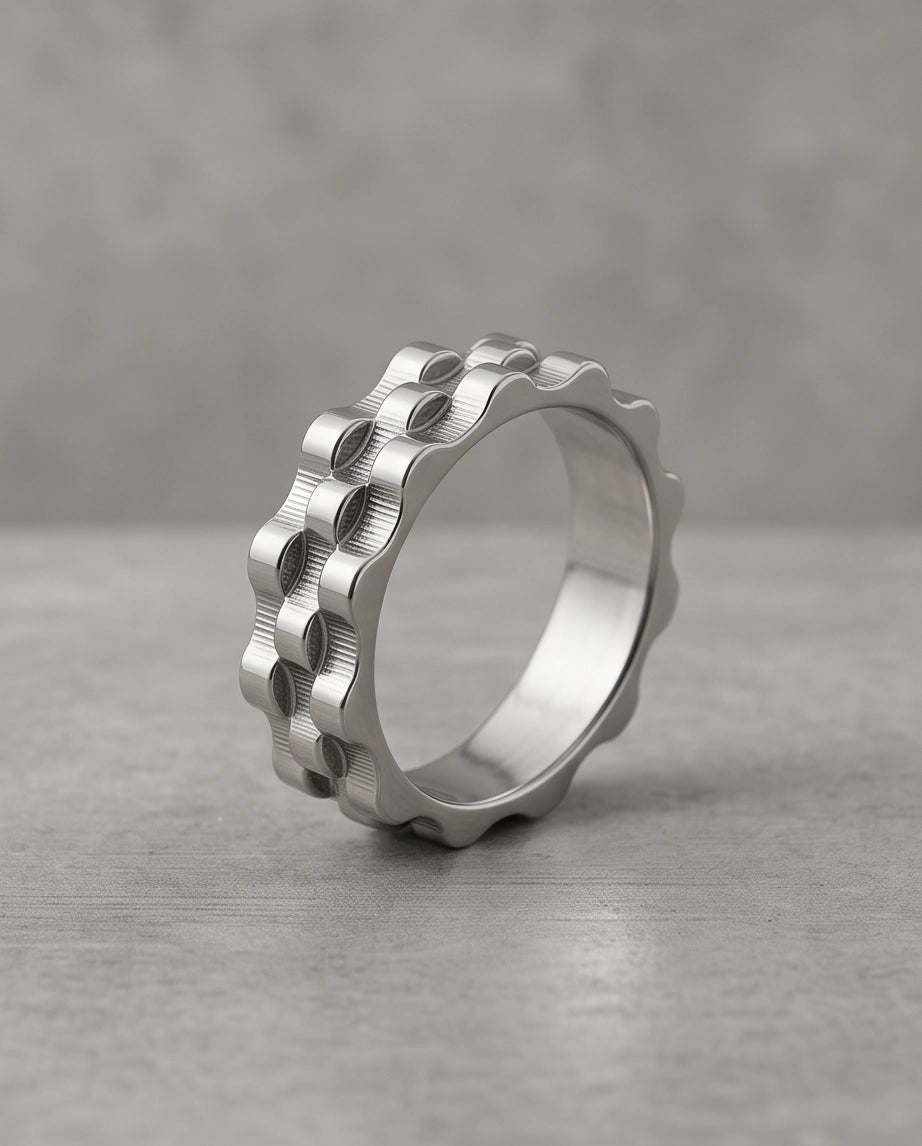 Industrial Cogwheel Scalloped Silver Band