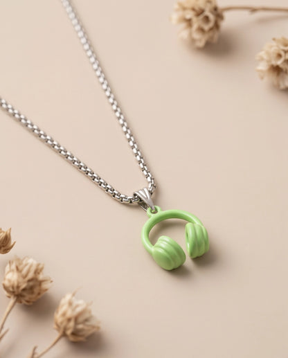 Lime Green Headphones Enamel Pendant Necklace