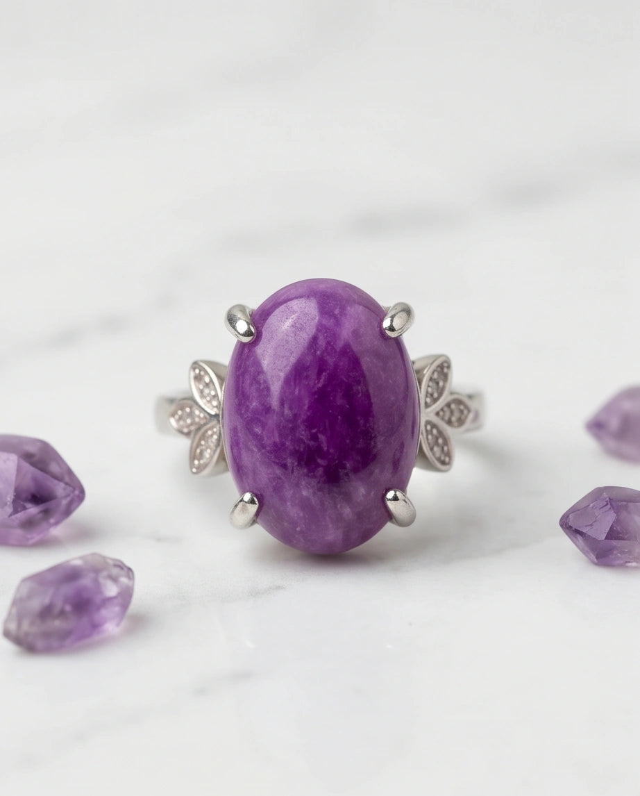 "Ethereal Purple Jade Leaf Statement Ring"
