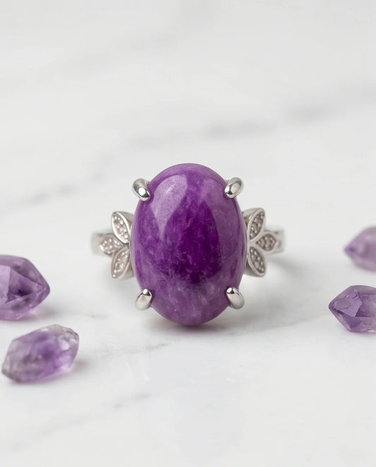 "Ethereal Purple Jade Leaf Statement Ring"