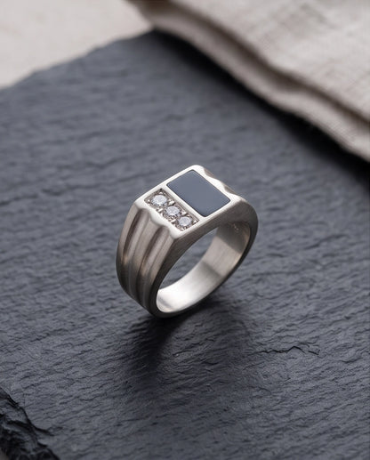 Dual-Panel Onyx & Triple-Crystal Fluted Shoulder Silver Ring