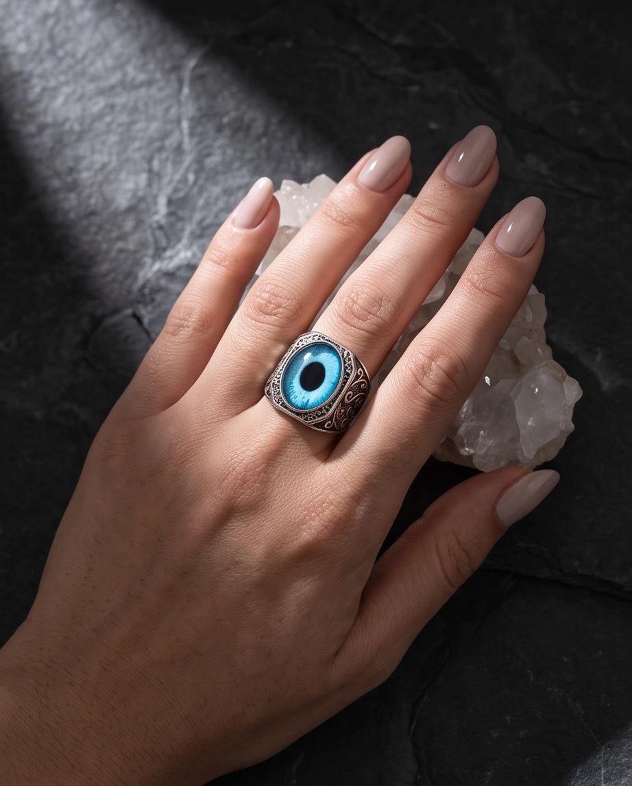 Cyan Sky-Blue Evil Eye Cabochon Gothic Filigree Silver Ring