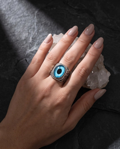 Cyan Sky-Blue Evil Eye Cabochon Gothic Filigree Silver Ring