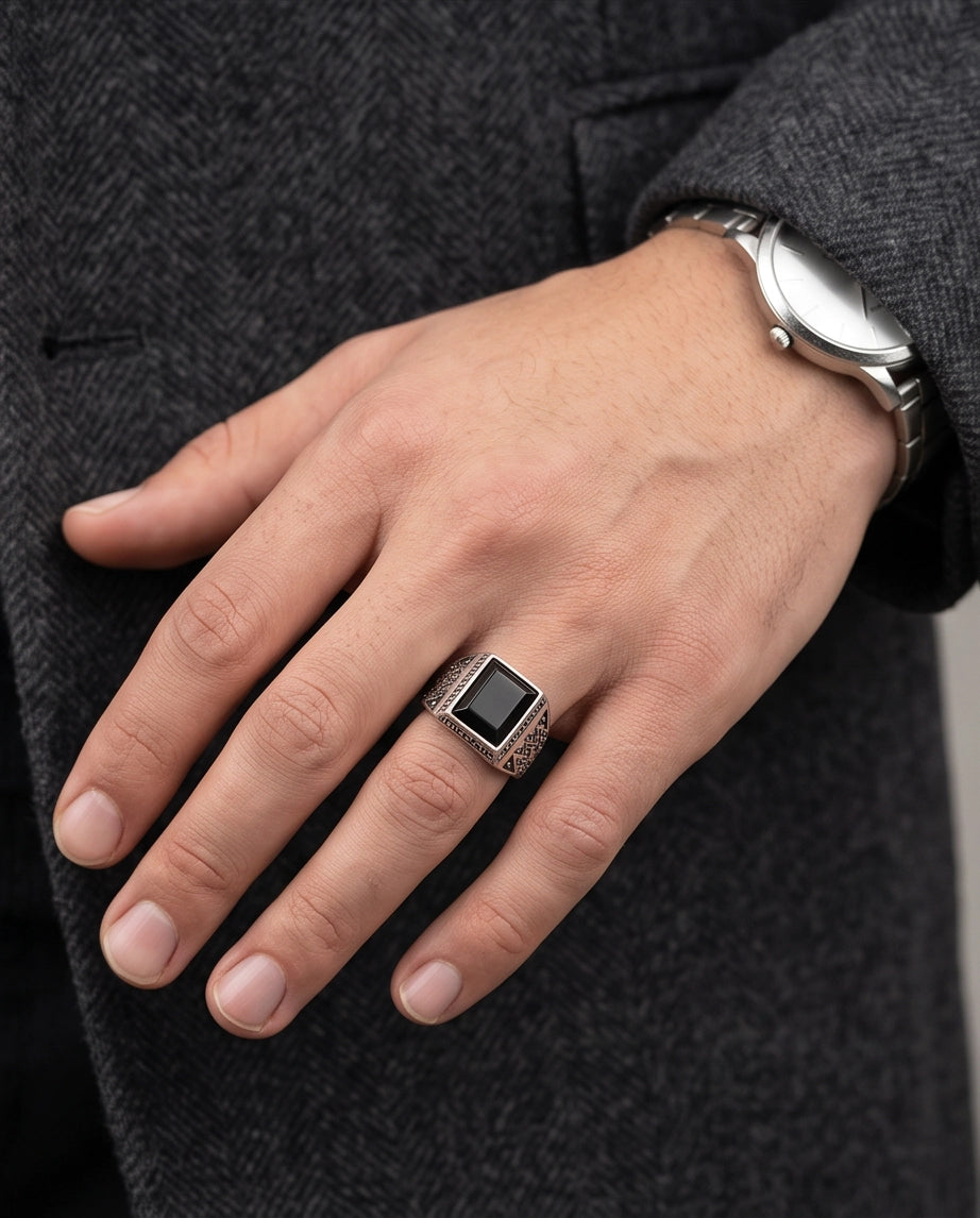 Onyx Gemstone Rectangular Bevel Greek Key Zigzag Silver Ring