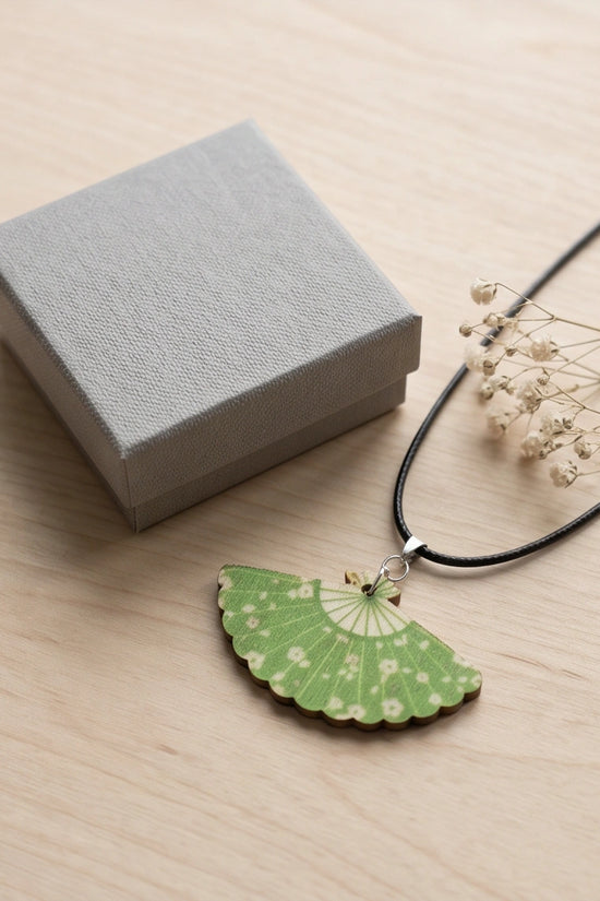 Vintage Green Matcha Floral Hand-Fan Pendant Necklace