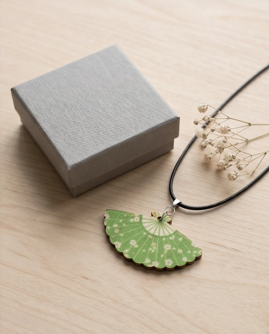 Vintage Green Matcha Floral Hand-Fan Pendant Necklace