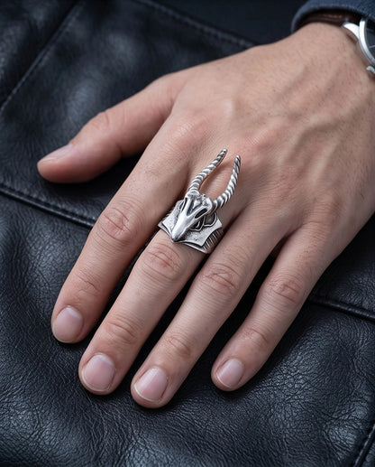 Oxidized Silver Horned Skull Sculpted Ring