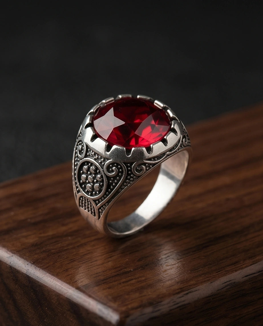 Crimson Monarch Silver Signet Ring