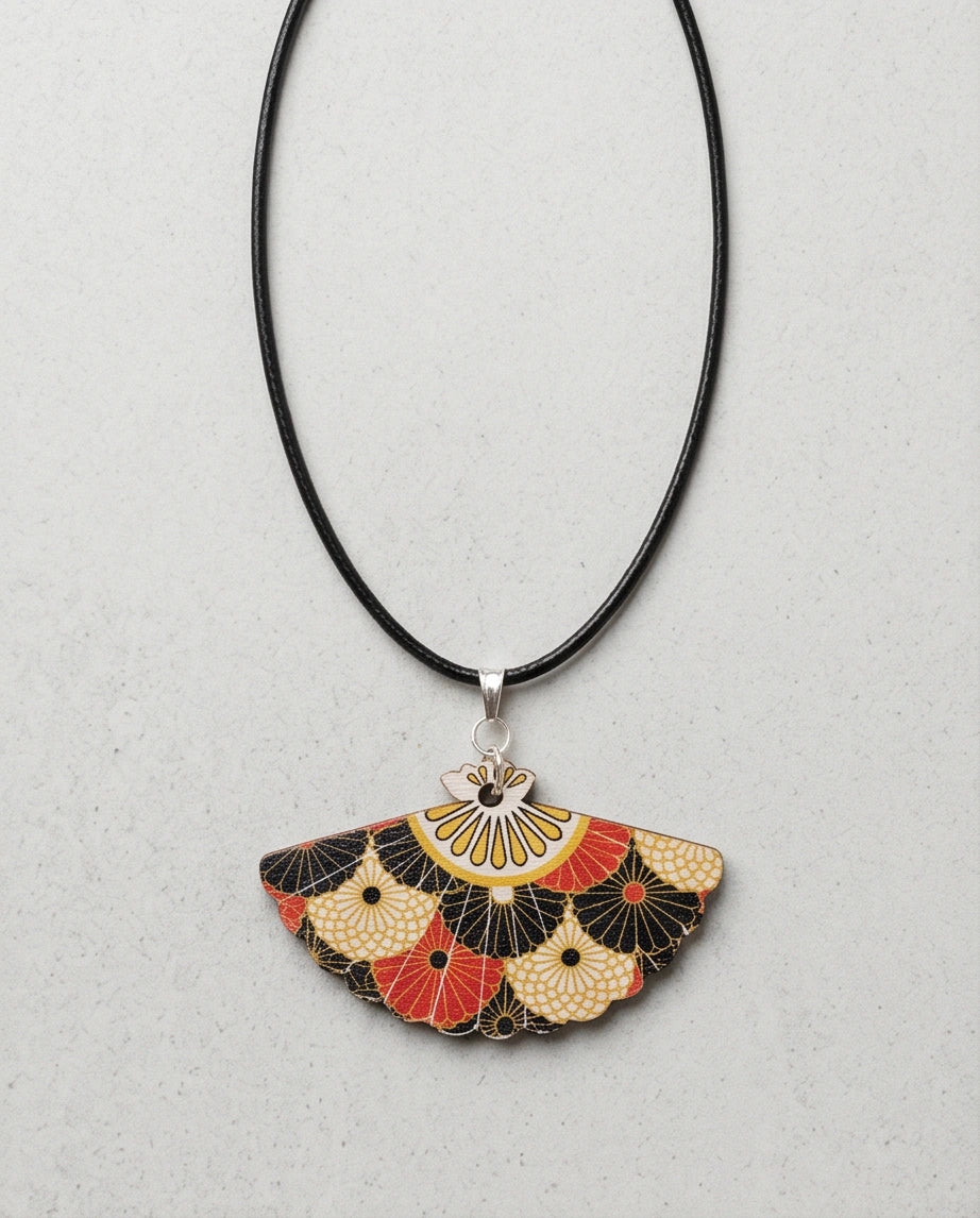 Vintage Geometric Kimono Hand-Fan Pendant Necklace