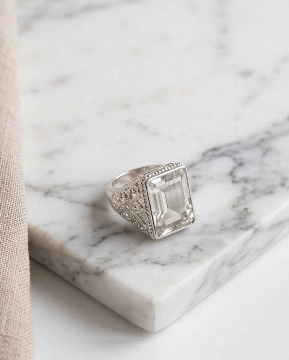 Clear Quartz Emerald-Cut Gemstone Filigree Beaded Silver Ring