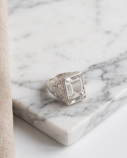 Clear Quartz Emerald-Cut Gemstone Filigree Beaded Silver Ring