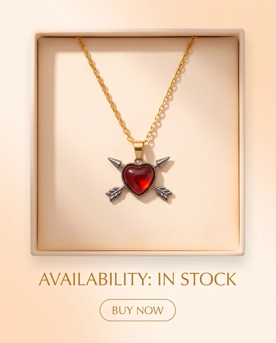 Silver Crossed Arrows Red Heart Gem Pendant Necklace