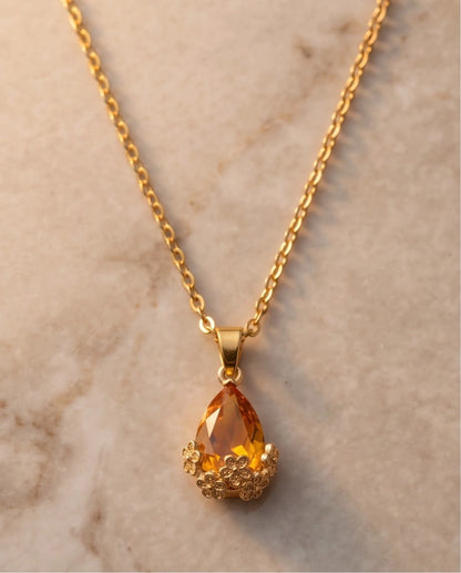 Gold Amber Teardrop Floral Basket Pendant Necklace