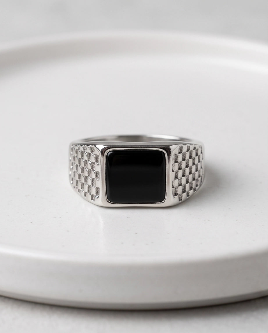 Onyx-Style Square Inlay Brick-Link Band Silver Ring