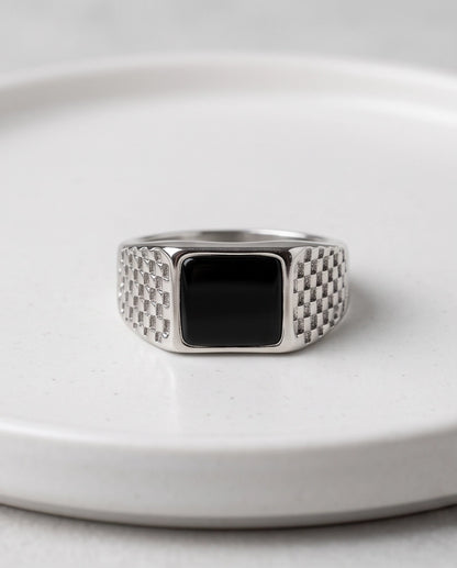 Onyx-Style Square Inlay Brick-Link Band Silver Ring