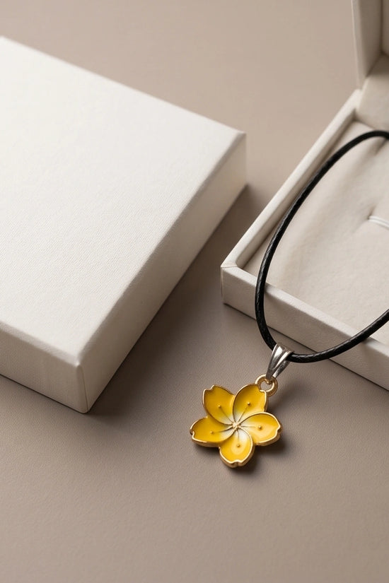 Mellow Yellow Cherry Blossom Enamel Pendant Necklace