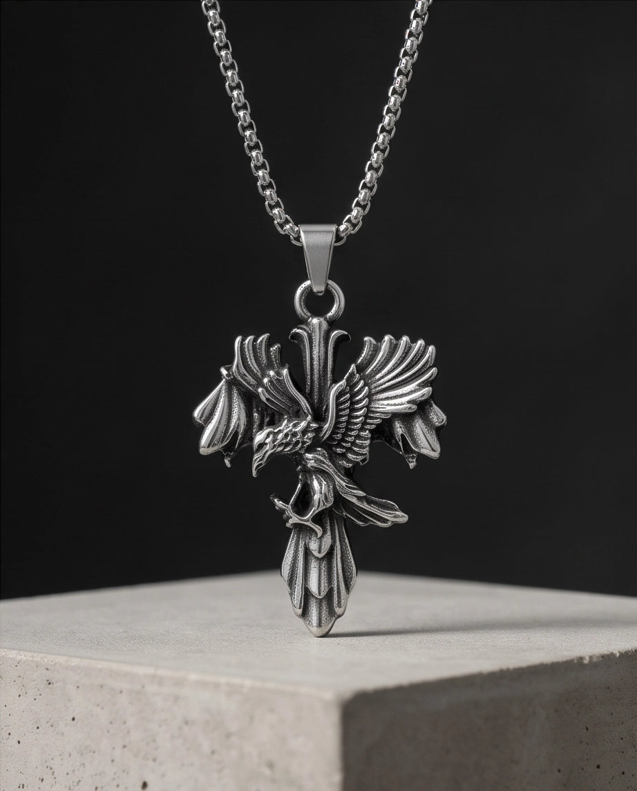 Silver Raven Gothic Cross Pendant Necklace