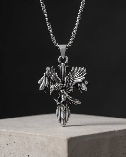 Silver Raven Gothic Cross Pendant Necklace