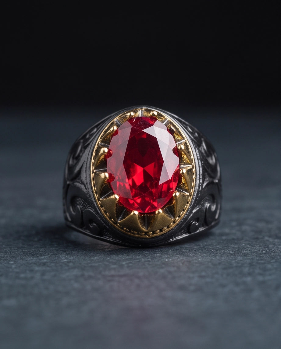Celestial Crimson Sunburst Signet Ring