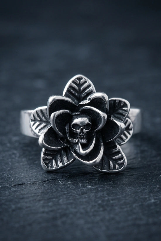 Gothic Sterling Silver Skull Rose Ring
