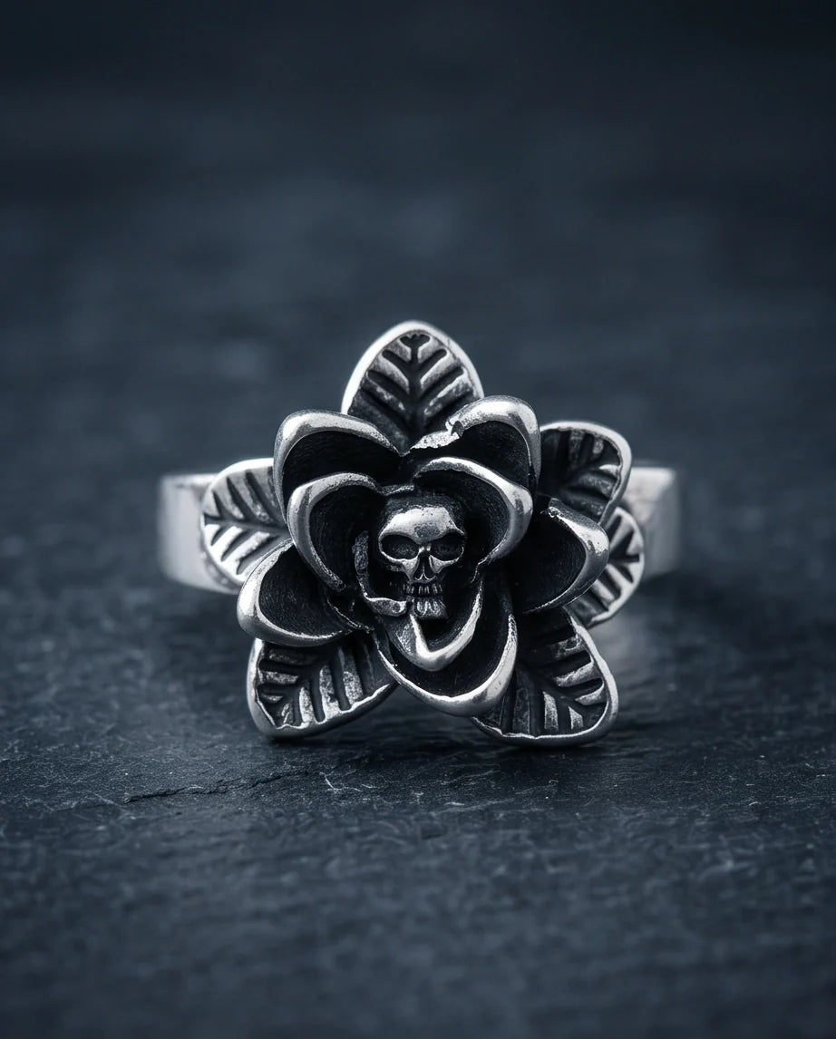 Gothic Sterling Silver Skull Rose Ring