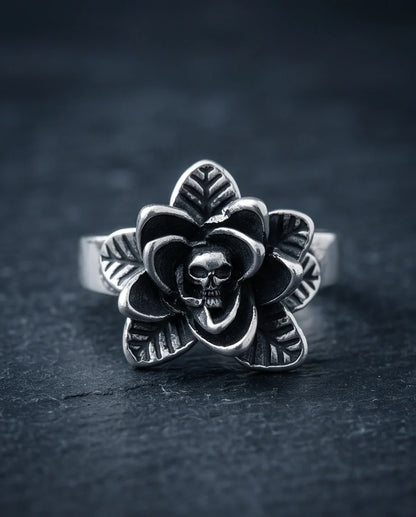 Gothic Sterling Silver Skull Rose Ring