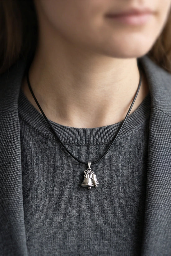 Silver Double Bells Ribbon Pendant Necklace