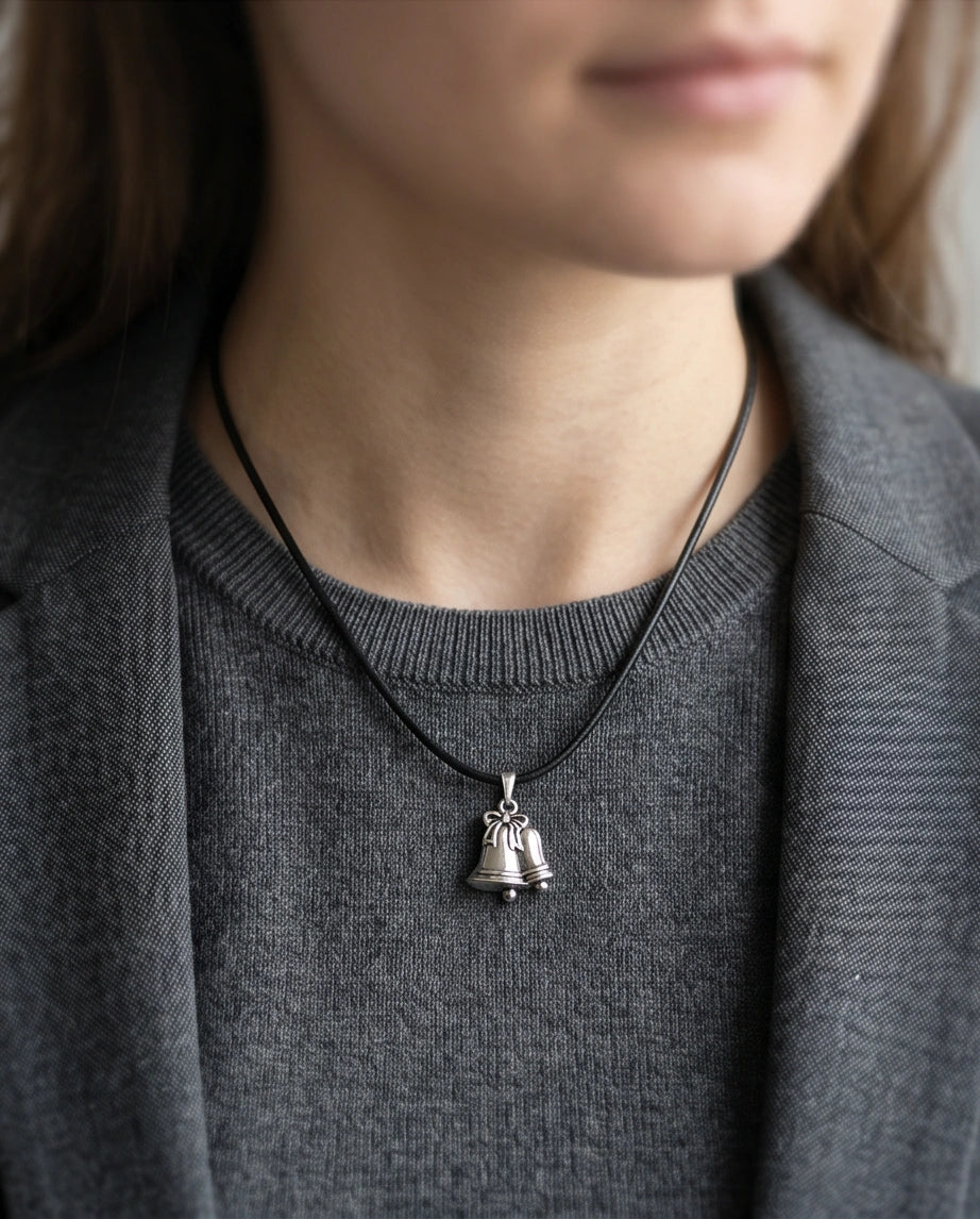 Silver Double Bells Ribbon Pendant Necklace