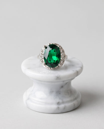 Silver Oval Emerald Gemstone Filigree Solitaire Ring