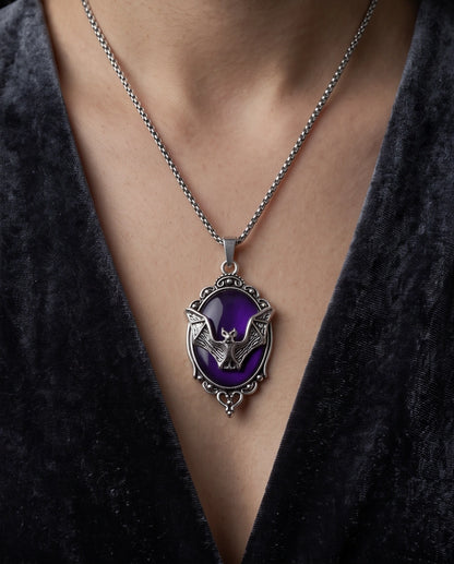 Silver Gothic Bat Purple Enamel Medallion Chain Necklace
