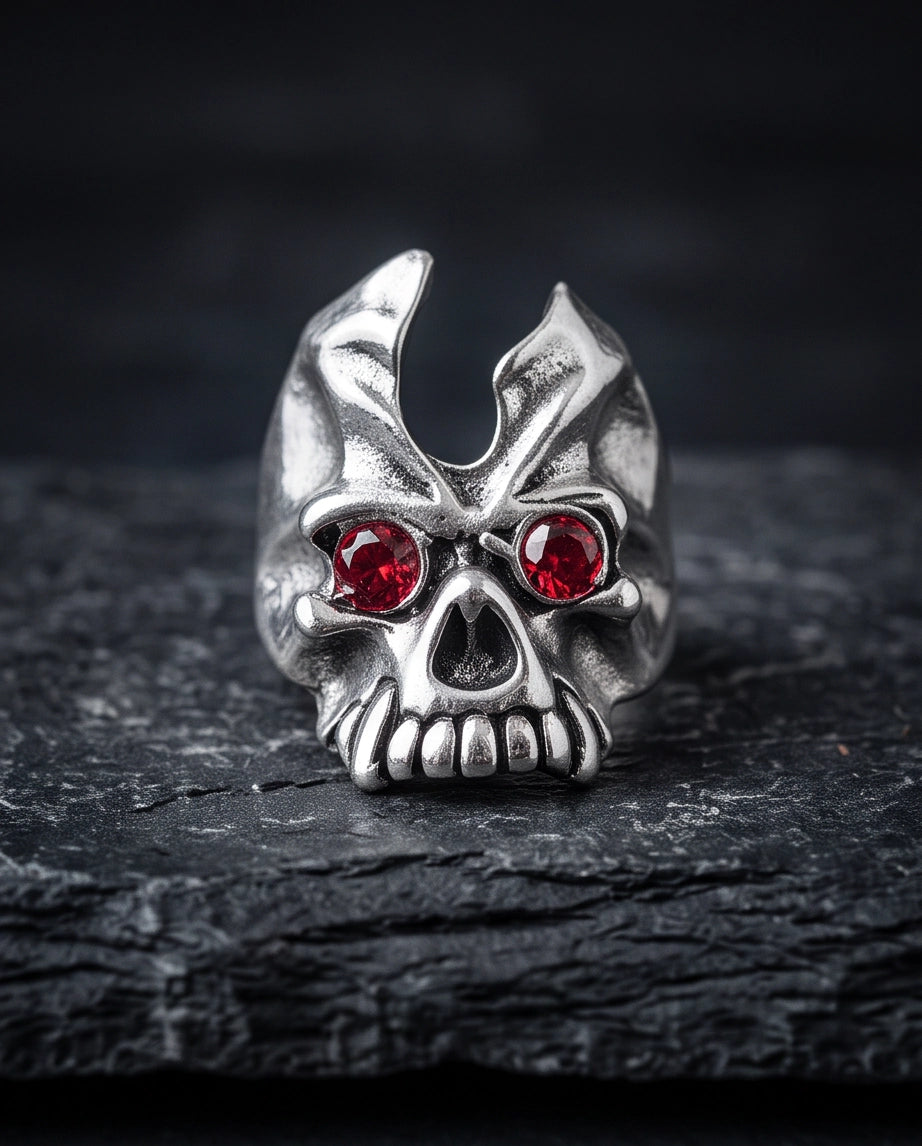 Ruby-Eyed Gothic Horned Skull Silver Ring