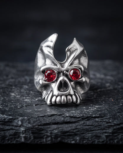 Ruby-Eyed Gothic Horned Skull Silver Ring