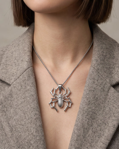 Silver Textured Spider Pendant Necklace