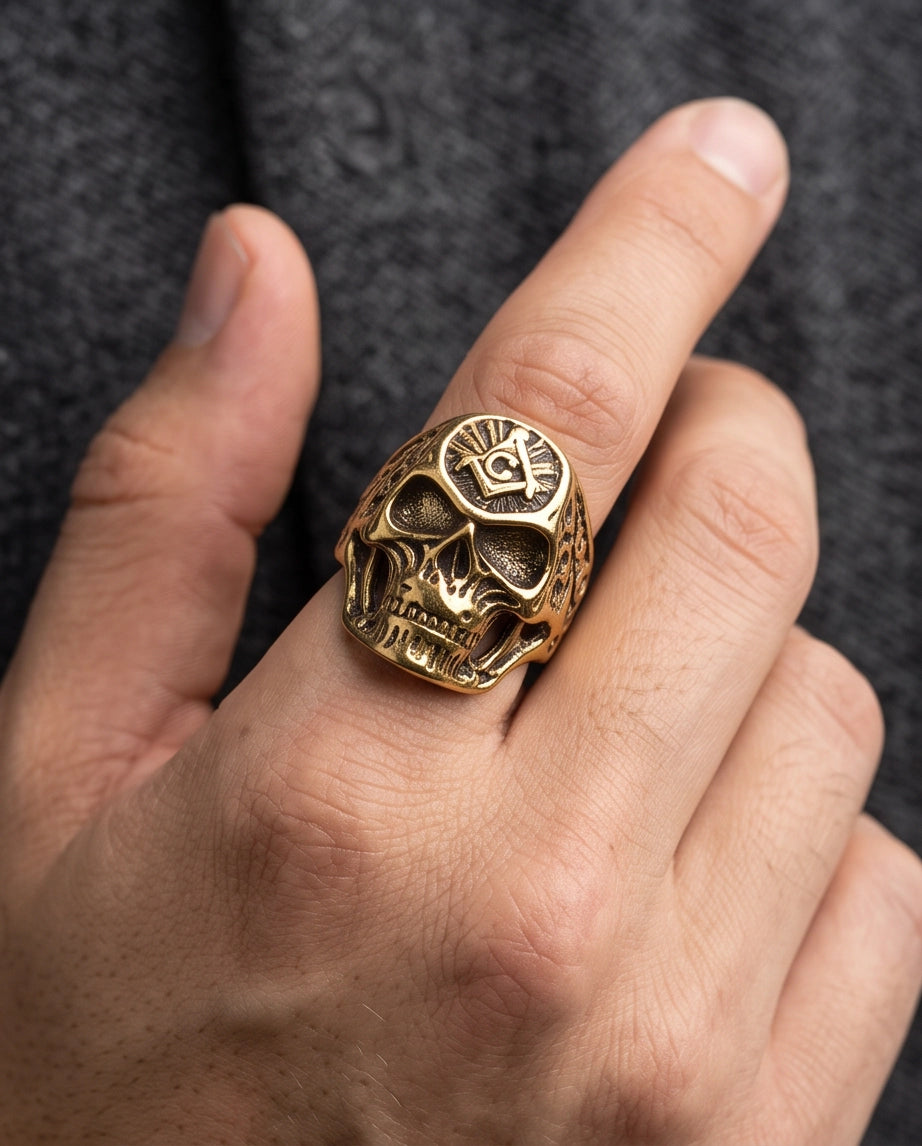Masonic Square and Compass Anatomical Skull Gold Ring