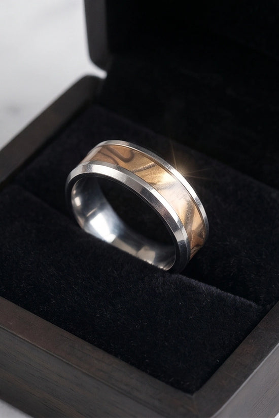 Natural Olive Wood Inlay Silver Band Ring