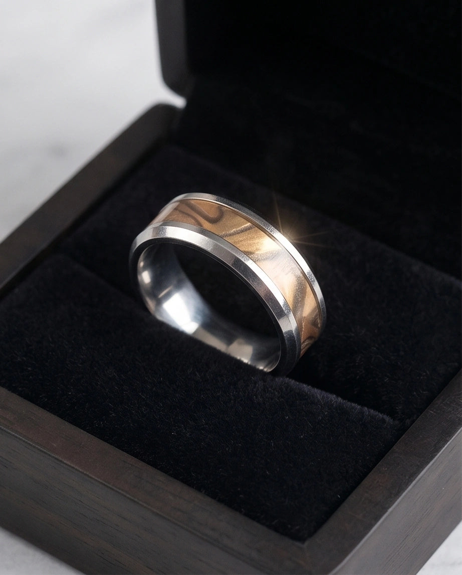 Natural Olive Wood Inlay Silver Band Ring