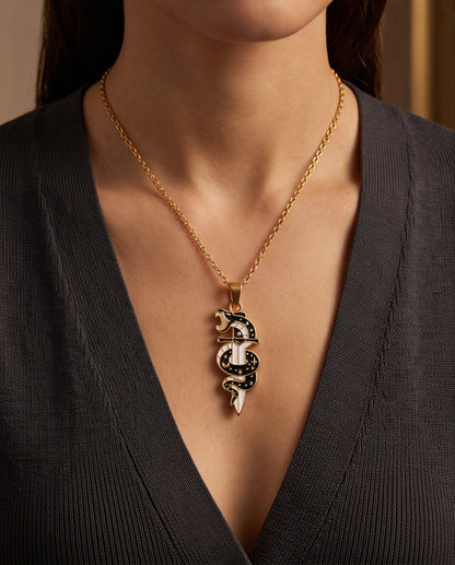 Gold Snake & Dagger Celestial Enamel Pendant Necklace