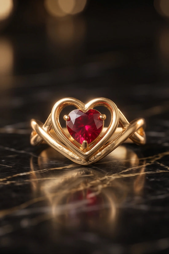 Gold Ruby Heart Twisted Infinity Ring