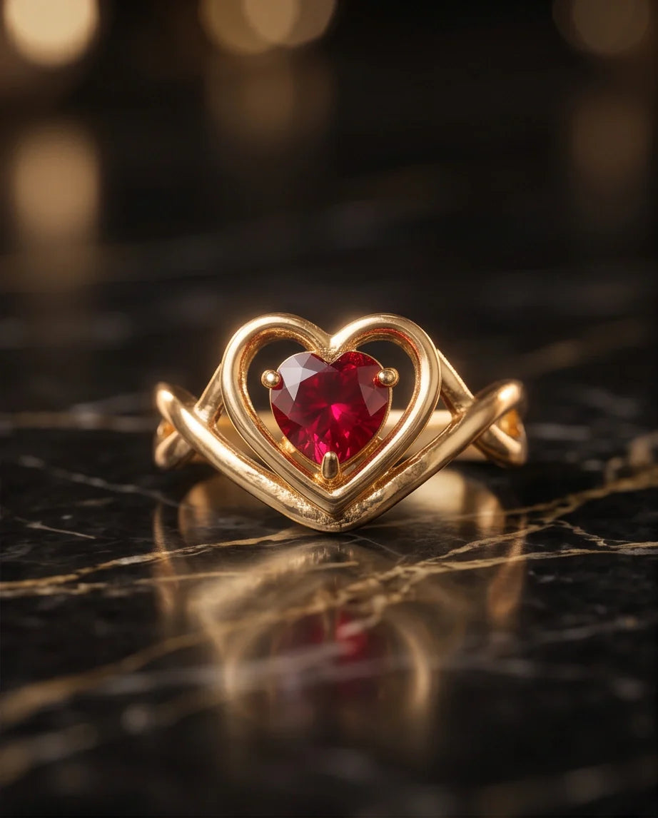 Gold Ruby Heart Twisted Infinity Ring