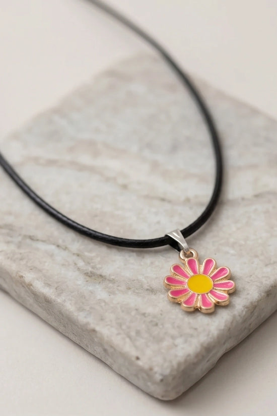Pink Daisy Flower Enamel Pendant Choker Necklace