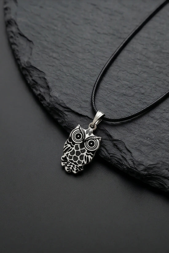 Intricate Monochrome Owl Totem Pendant Necklace