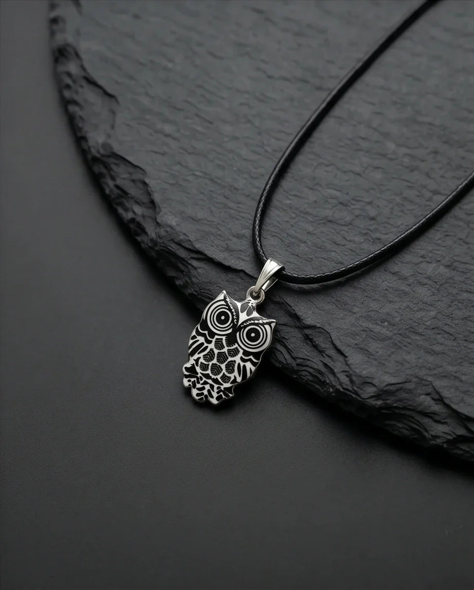 Intricate Monochrome Owl Totem Pendant Necklace