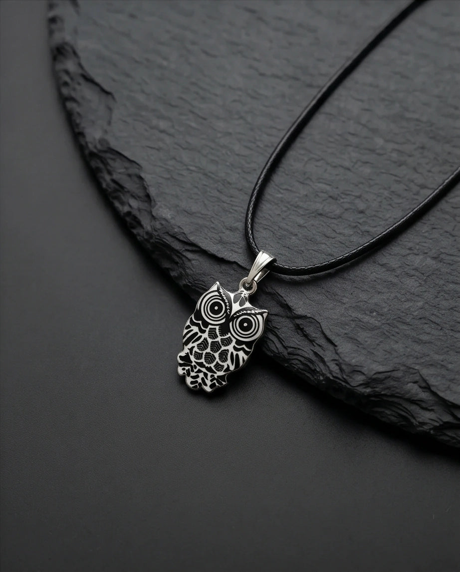 Intricate Monochrome Owl Totem Pendant Necklace