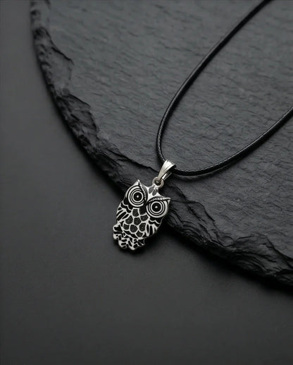 Intricate Monochrome Owl Totem Pendant Necklace