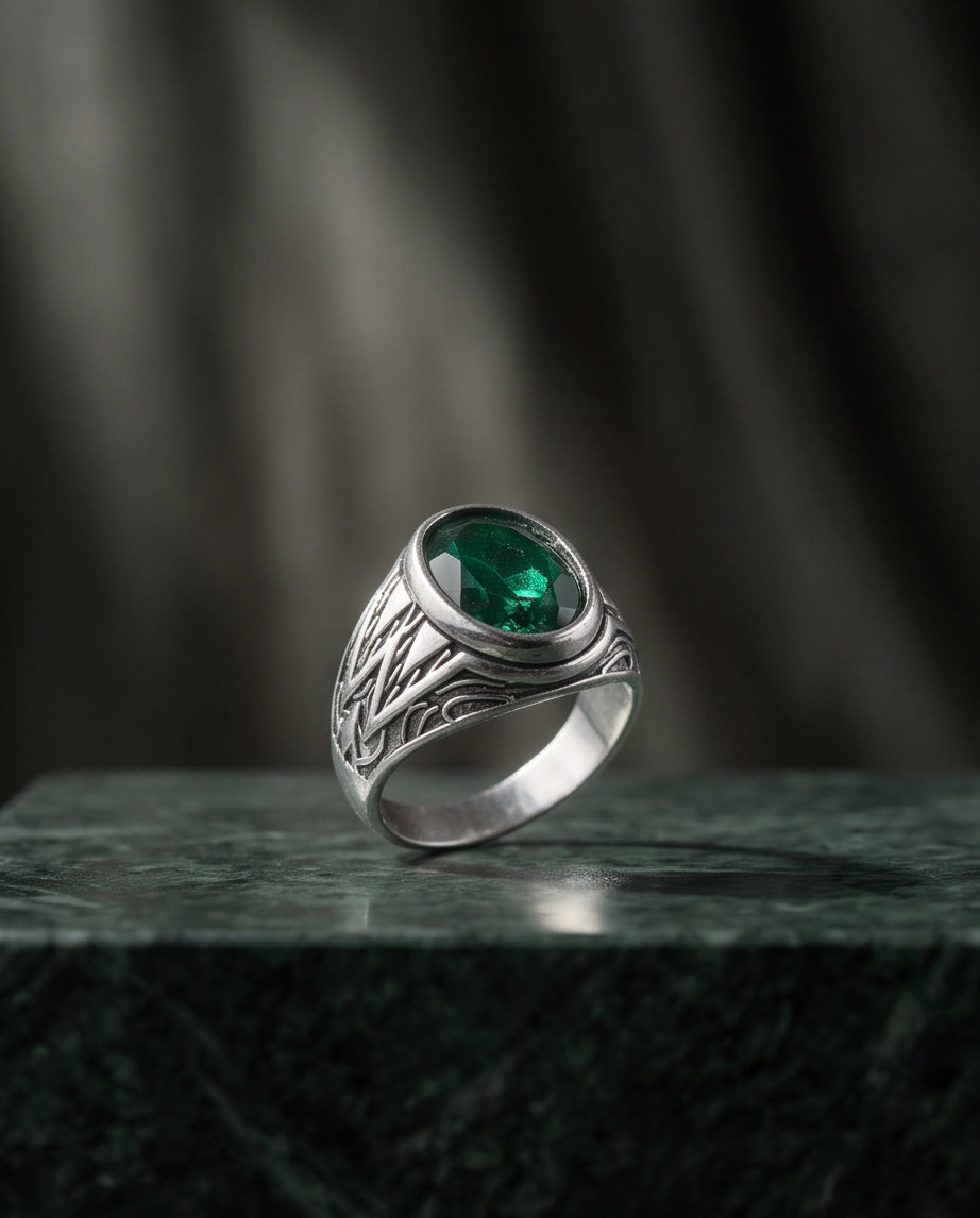 Emerald Gemstone Smooth Bezel Tribal Wing Silver Ring